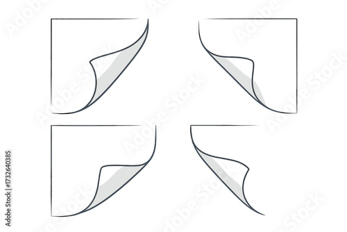 Set of curled page corners with shadow. Paper sheet curl. Vector sticker fold. Uncover, peel, reveal concept. Notebook or book corner flip. Isolated design element on white.