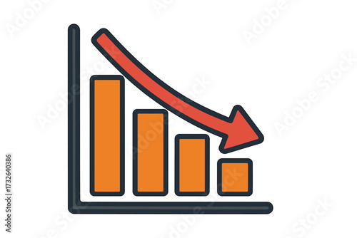 Decrease icon with a falling arrow over a bar chart. Business analytics data visualization for loss, failure, or economic recession. Financial crisis graph symbol. Vector.