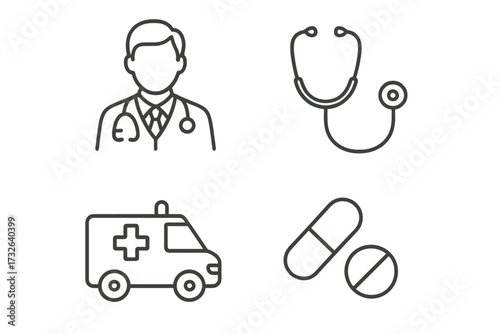 Medical and healthcare icon set with thin line art symbols. Doctor, stethoscope, ambulance, and pills. Simple vector graphics for web, UI, infographics and emergency services.