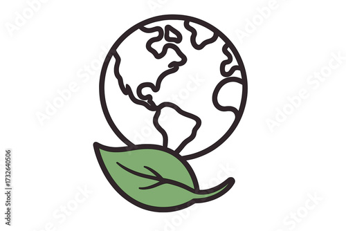 Earth globe with green leaf icon. Ecology, environment, and sustainability concept. Vector line art symbol for conservation, go green, eco-friendly, nature protection.