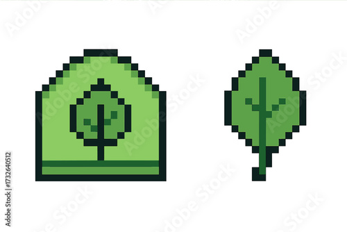 Pixel art leaf icon set. 8-bit retro video game style. Ecology, nature, green, organic, and environmental conservation concept. Vector symbol for sustainability.