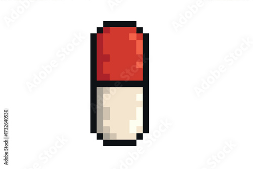 Pixel art capsule icon. 8-bit medicine pill for video game asset. Retro health care drug symbol. Medical pharmacy vector illustration. Digital treatment, vitamin, antibiotic.