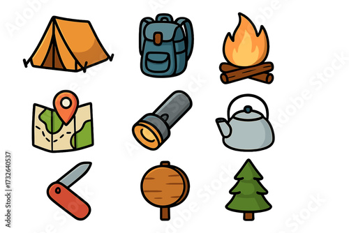 Camping icon set. Vector travel equipment. Outdoor adventure concept. Hiking collection. Summer camp elements. Cartoon illustration. Tent, backpack, campfire, map, flashlight, kettle.