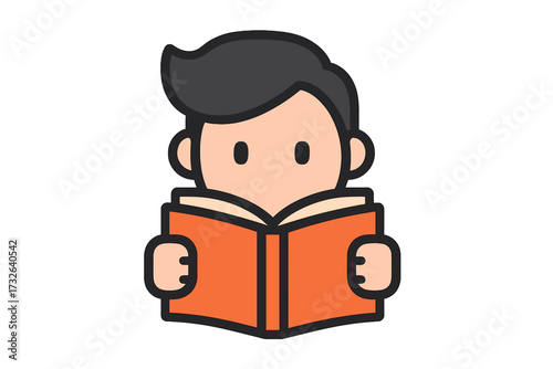 Boy reading a book icon. Cute character studying. Concept for education, learning, knowledge, literature, school, library. Simple flat vector logo for bookstore or app.