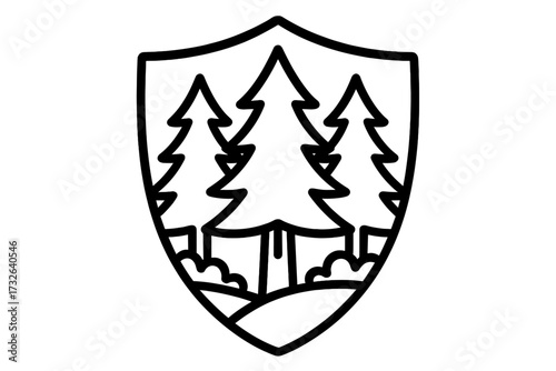 Forest shield logo vector. Pine tree emblem. Nature protection icon. Ecology conservation symbol. Outdoor adventure badge. National park sign. Line art for security company.