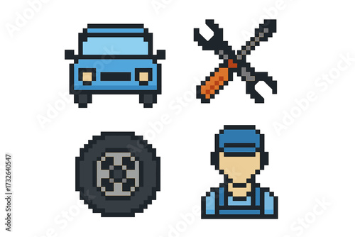 Car service icon set in pixel art style. Vector illustration of mechanic, tools, tire, and car. For auto repair, garage, or transport concepts. 8-bit retro video game design.