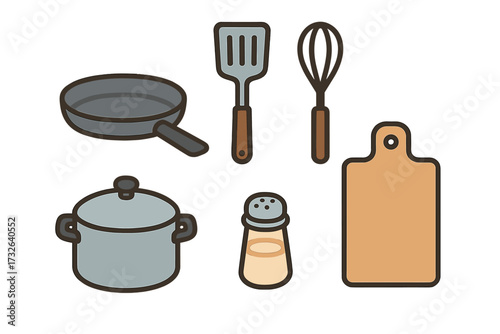 Kitchen utensils vector icon set for cooking. Flat cartoon illustration of pan, pot, spatula, whisk, cutting board, shaker. Culinary equipment for food preparation design.