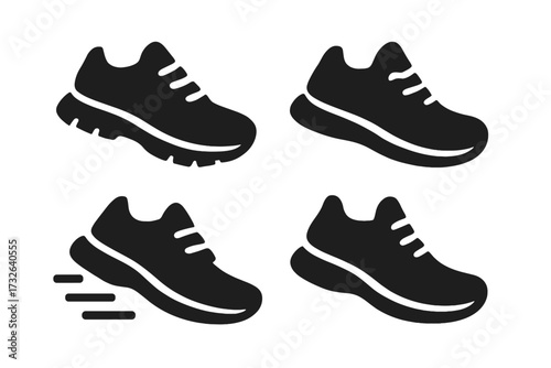 Running shoe icon set. Sneaker silhouette for fitness, jogging & workout. Fast sport footwear symbol. Vector illustration of speed, move, training & forward movement concept.