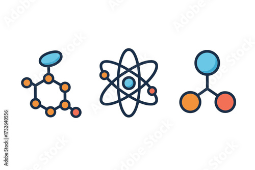 Science icon set. Atom, molecule, chemical compound. Chemistry, physics, biology symbol. Nuclear energy, research, lab element. Atomic structure, dna, neuron vector illustration.