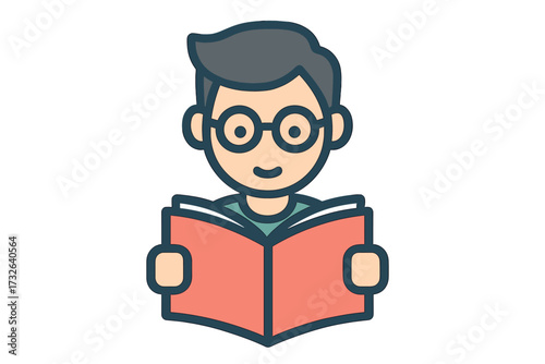 Man reading book icon. Student learning or studying. Education, knowledge, literature concept. Person with glasses reads a book. Smart, clever boy character logo for library.