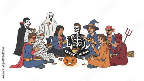 Halloween Costume Gathering: A lively gathering of costumed individuals, each immersed in the spooky atmosphere, celebrating Halloween. Capturing the essence of unity and seasonal cheer.