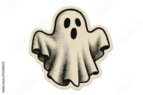 Vintage Halloween ghost sticker with halftone texture, white sheet spooky character illustration in 90s zine paper collage style, retro dotted vector cartoon design