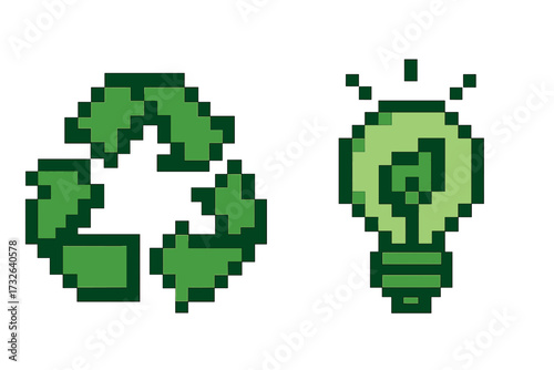 Recycling symbol and green light bulb icon set in pixel art style. Concept for ecology, sustainable energy, and environmental ideas. Eco friendly garbage sorting and waste reduction.