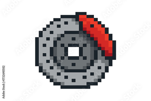 Brake disc pixel art icon. Car part vector symbol. Automotive brake system graphic for mechanic service. Racing and tuning concept. Retro 8-bit video game style illustration.