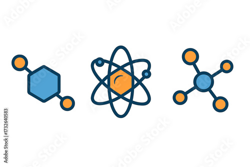 Chemical compound, atom, and molecule vector icon set. Flat style illustration for science, chemistry, physics, research. Molecular structure, nuclear energy, scientific element.