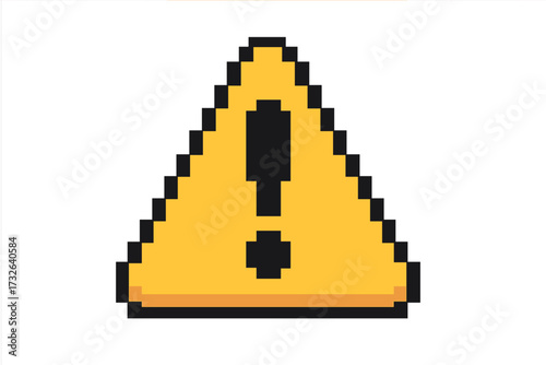 Warning pixel art icon. 8-bit retro video game style alert symbol. Yellow triangle with exclamation mark. Danger sign concept. Error message, attention notice. Vector asset.
