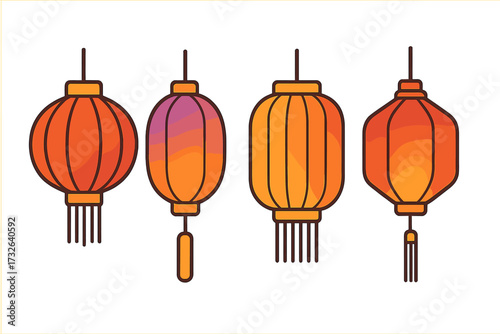 Chinese lanterns set with trendy minimal gradient. Japanese Asian new year traditional lamp collection. Vector line icon illustration for holiday festival decoration culture concept.