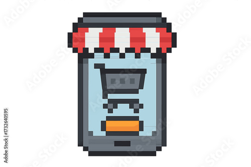 Online shopping pixel art icon. Mobile phone store concept. E-commerce symbol for retro game. Digital marketing and sale on smartphone. 8-bit vector graphic. Buy now button.