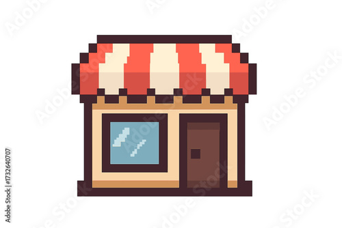 Pixel art store icon. 8 bit retro video game asset. Shop building facade with awning. Market storefront for arcade game. Cute cartoon vector illustration for business or sale.