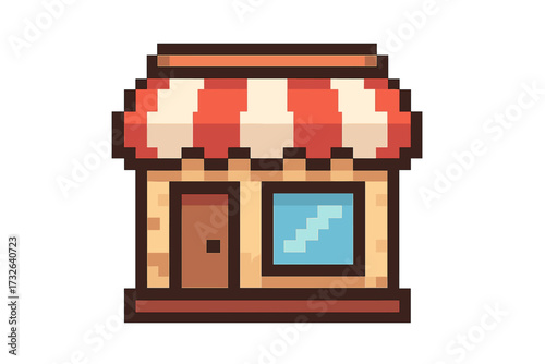 Pixel art shop icon. 8 bit store building. Retro video game asset. Market or storefront graphic element. Digital e-commerce symbol. Cartoon facade illustration for business.