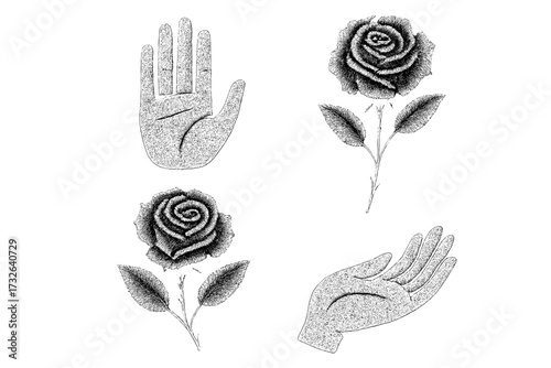 Hands and roses set with retro photocopy grain effect. Trendy y2k brutalism design elements with stippling texture. Abstract punk, grunge style vector graphics collection.