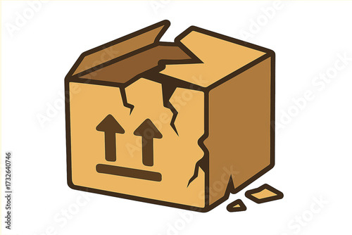 Broken cardboard box icon. Damaged package. Concept of shipping error, delivery problem, fragile goods. Poor handling. Logistics insurance claim. Vector cartoon illustration.
