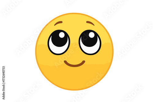 Cute emoticon looking up with big hopeful eyes. Vector illustration of a happy smiley face character. Concept of wishing, dreaming, innocence, and positive emotions. Cartoon emoji.
