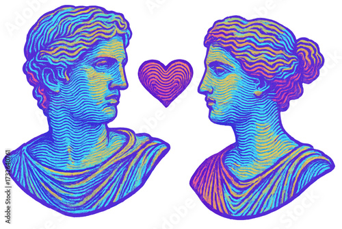 Vaporwave Greek statue couple in love. Psychedelic wavy line art with heart. Roman man and woman bust for Valentine's day. Cyberpunk retro futuristic aesthetic ancient sculpture.
