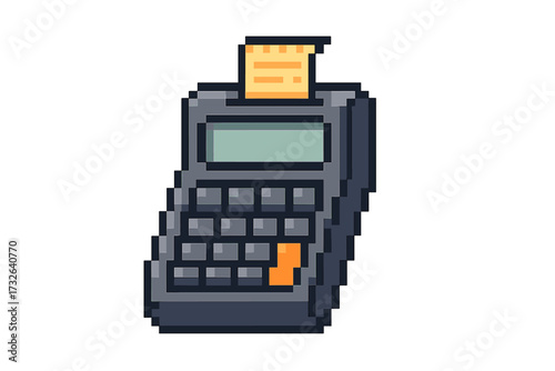 Pixel art credit card terminal. 8-bit POS payment machine with receipt. Vector icon for business, finance, and retail concepts. Retro gaming style checkout and transaction symbol.