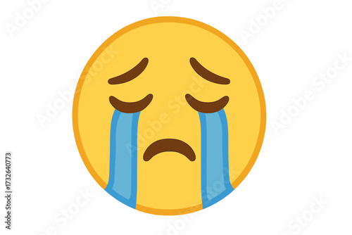 Loudly crying face emoji. Sad emoticon with tears streaming down. Unhappy smiley icon. Symbol of sadness, grief, sorrow, despair, and depression. Vector illustration of an upset character.