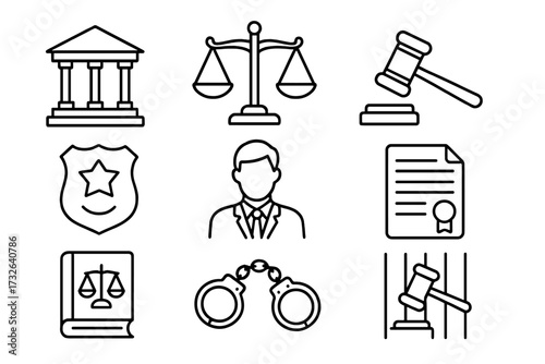 Law and justice icon set with linear symbols of legal concepts. Vector illustration of courthouse, scales, gavel, police badge, lawyer, document, law book, and handcuffs.