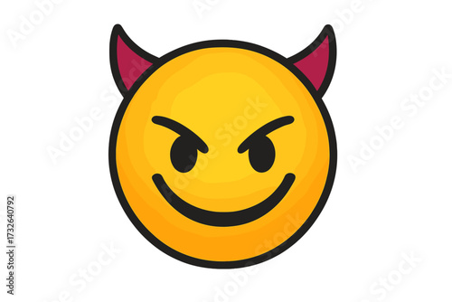 Devil emoticon vector icon. Diabolical smiley emoji with horns. Evil mischievous character face. Sinister smile cartoon illustration. Naughty satanic symbol. Bad emotion concept.