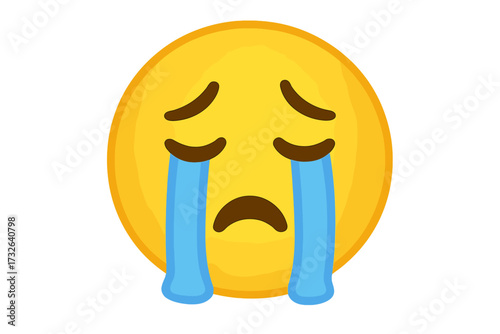Vector illustration of a loudly crying face emoji. Yellow emoticon sobbing with rivers of tears. Symbol for sadness, grief, despair, sorrow, heartbreak, and being deeply upset.