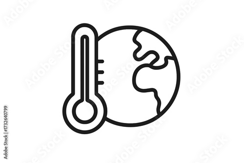 Global warming concept. Climate change icon. Planet Earth with thermometer symbol. World temperature and ecology pictogram. Environmental issue. Greenhouse effect. Hot weather sign.