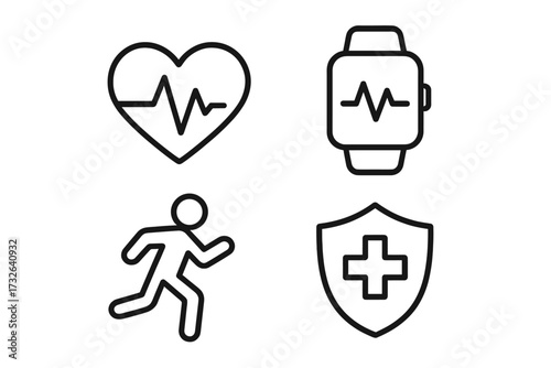 Health and fitness icon set. Vector line symbols for wellness and medical care. Heartbeat cardio pulse, running man, smartwatch activity tracker, and health protection shield.