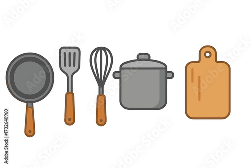 Kitchen utensils icon set in a flat design style. Cooking tools vector illustration collection. Includes frying pan, spatula, whisk, pot, and cutting board for culinary concepts.