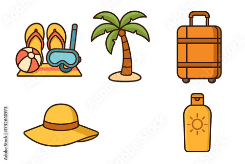 Summer beach vacation essentials icon set. Flat vector cartoon illustration of travel items like a suitcase, palm tree, sunblock, sun hat, snorkel, and flip flops.