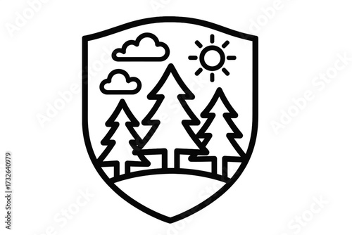 Forest shield logo. Pine tree and sun outline emblem. Nature conservation protection badge. Outdoor adventure travel icon. Simple vector line art for ecology brand identity.