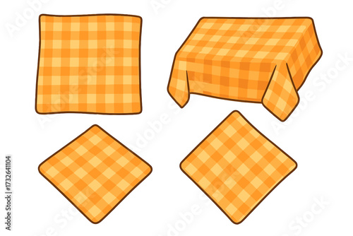 Orange tablecloth set. Checkered gingham pattern for picnic and kitchen. Vector cartoon illustration of a table cloth and napkins. Isolated on a transparent background.