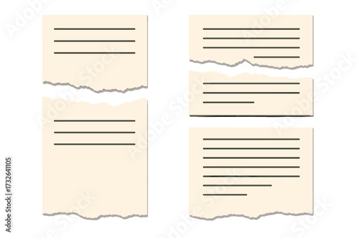 Torn paper set with ripped edges. Lined notebook page scraps collection. Blank document vector illustration with shadow. Empty note paper for message or template design.