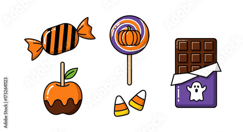Spooky season sweets and treats for Halloween fun including candy apple, chocolate bar, lollipop, candy corn, and wrapped caramel for kids and adults