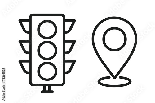 Traffic light and map pin icon set. Simple linear vector symbols for navigation, gps, location, and direction. Stoplight pictogram for road safety rules and transport concepts.