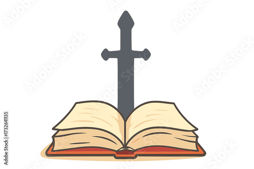 Open book with a sword shadow, a concept for imagination, fantasy, and adventure stories. Metaphor for the power of reading, knowledge, and historical tales of war.