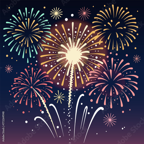 Fireworks background night sky, vector art illustration.
