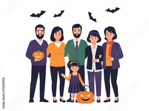Happy Halloween Family: A family dressed in Halloween costumes, embracing the spirit of Halloween, holding pumpkin, and standing against the festive backdrop of bats. 