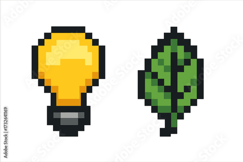 Pixel art icon set. Light bulb and leaf. 8 bit retro video game style. Green energy, ecology, environment, nature, idea, innovation, sustainability, solution, eco friendly concept.