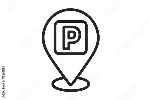 Parking location icon. Map pointer with P symbol. Car park sign. GPS navigation destination marker. Auto transport zone. City parking area. Find a spot. Vector linear icon.