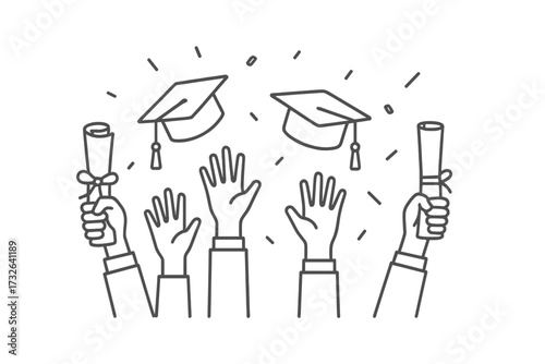 Graduation party celebration with students throwing academic hats. Graduates hands holding diplomas. University, college, or highschool event. Thin line vector icon concept.