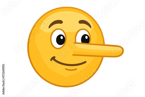 Lie emoticon concept. Liar emoji with a long nose. Vector icon symbol for dishonesty, falsehood, fake news, and deception. Untruthful character face telling a lie. Cheating.