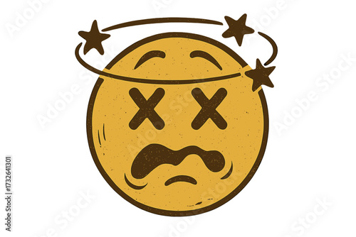 Retro vintage dizzy emoticon with spinning stars. Confused, stunned, and knocked out smiley face. Unconscious character seeing stars. Sickness or dead emoji symbol vector.